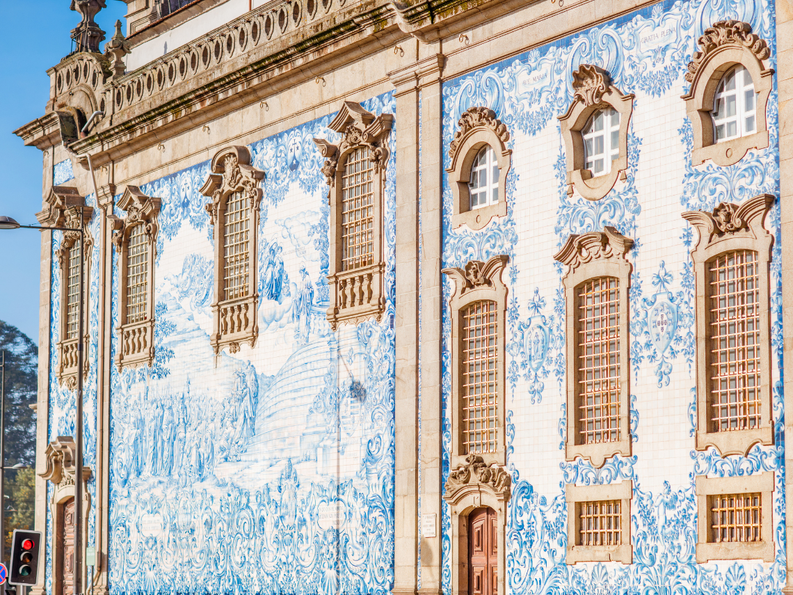 Azulejo tiled church facade in Porto