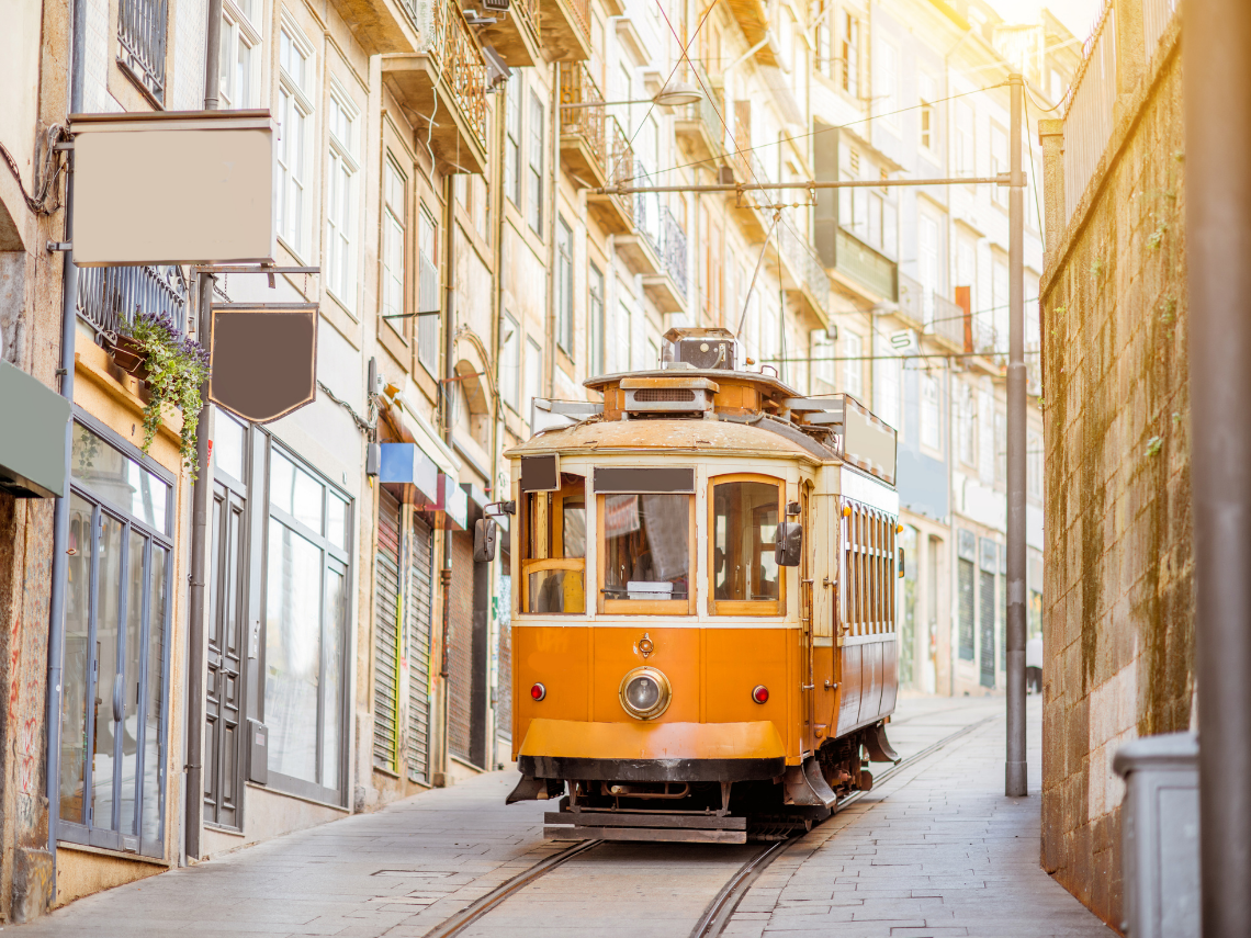 Porto tram on a sunlit street